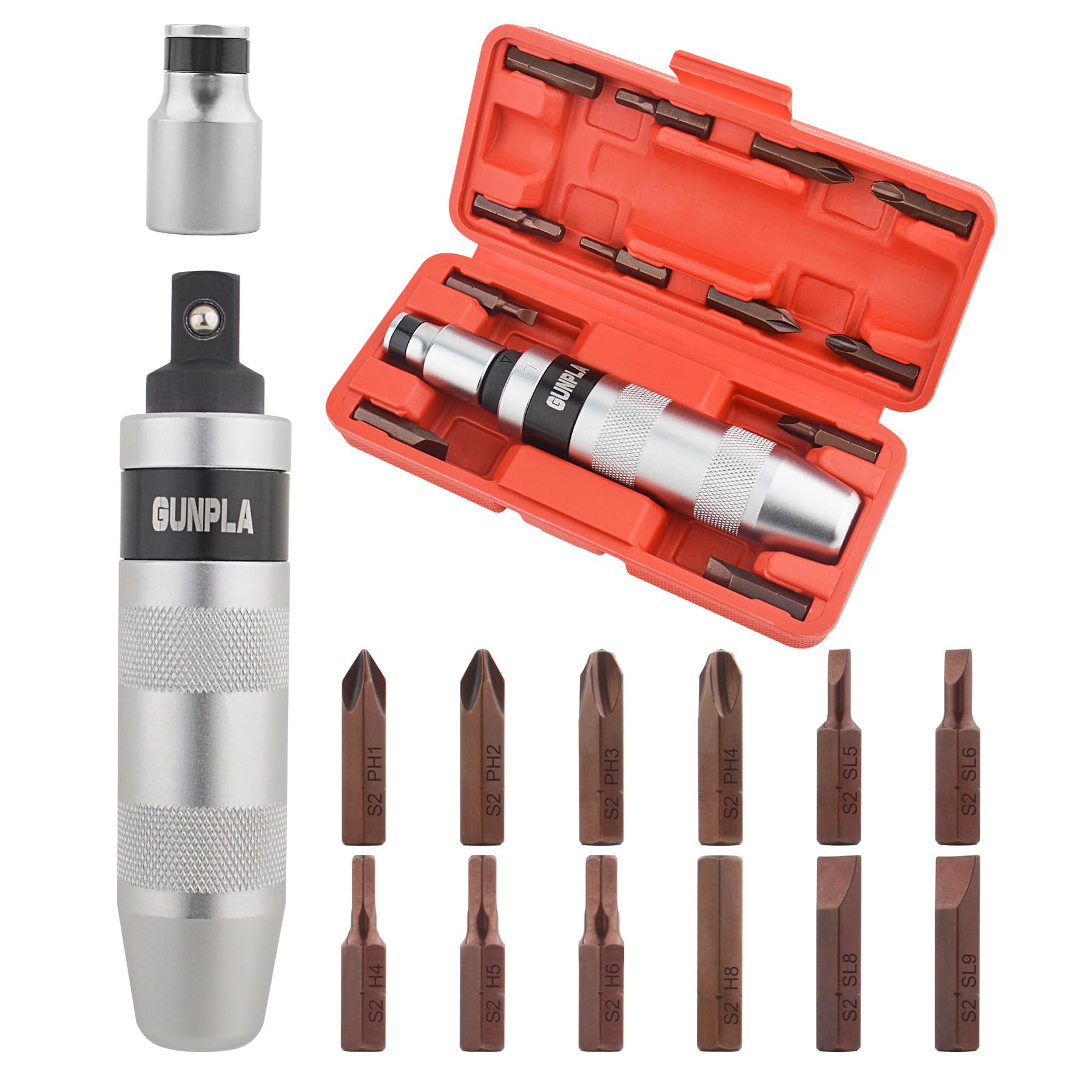 Gunpla 12pcs Impact Screwdriver Bits Set, Durable 40 CR Alloy Steel Manual Screwdrivers Extension with Phillips Slotted Hex Driver Spinning Ratchet Adapter Adjustable Handle for Fastening Loosening