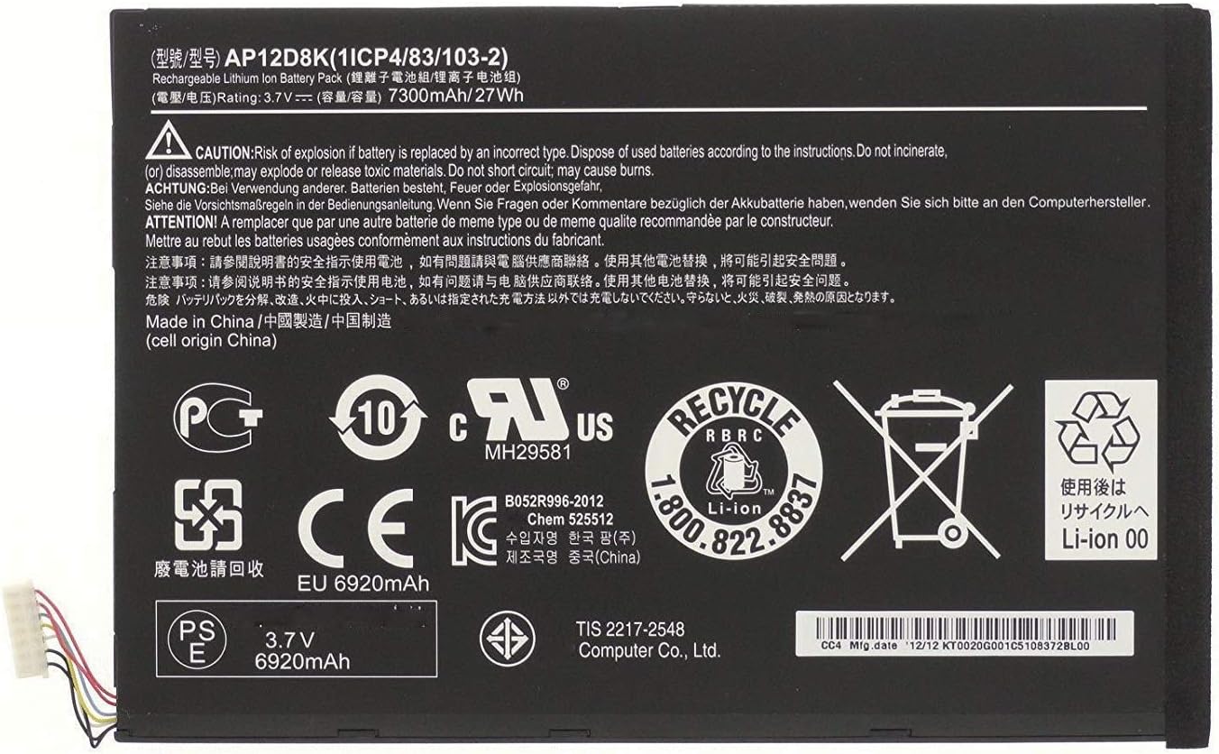 Hubei AP12D8K Laptop Battery For Acer Iconia Tab W510 W510P W510-1431 W510-1620 W510P-1867 P3-171 A3 (A3-A10)(3.7V 7300mAh 27Wh)