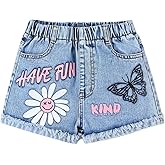 GORGLITTER Girl's Graphic Ripped Jean Shorts Elastic Waist Summer Vacation Cute Denim Shorts