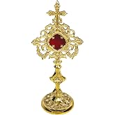 Needzo Solid Brass Ostensorium, Ornate Detailed Catholic Monstrance, Velvet Lined Interior, Religious Decorations, 6 x 13 Inches