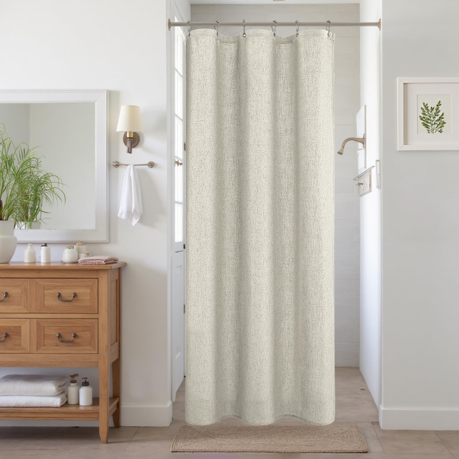 Photo 1 of KOUFALL Neutral Color Flax Linen Fabric Shower Curtain Liner Set with Hooks Waterproof Vintage Country Style Rustic Shower Curtains for Bathroom Cabin,Tan Beige,36 x 72 Inch