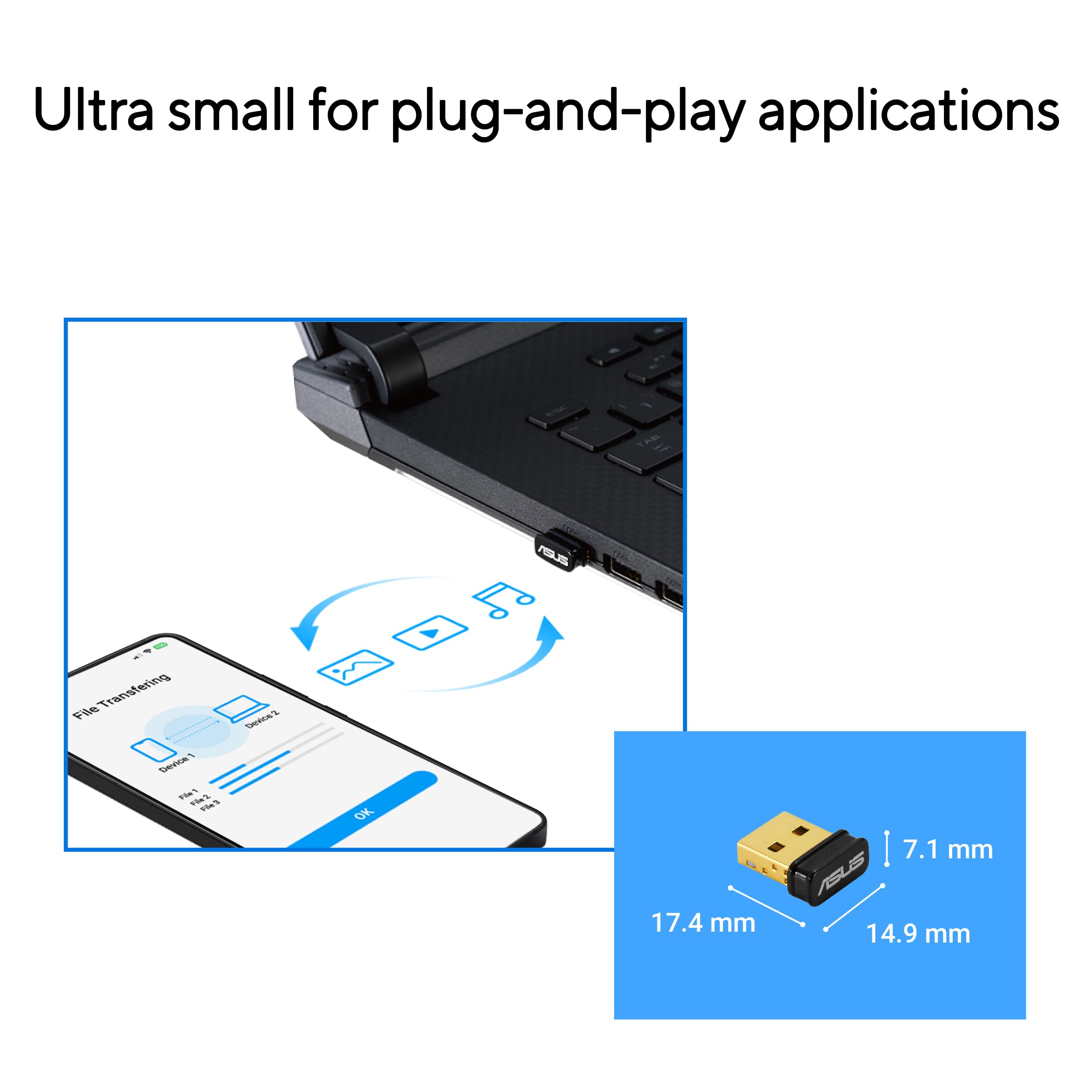 ASUS USB-BT540 Bluetooth 5.4 Dongle Adapter (kompatibel mit Windows 11, 10, 8.1, Linux, für bis zu 7 Geräte, für PC und Laptop, Plug & Play, BLE) 5