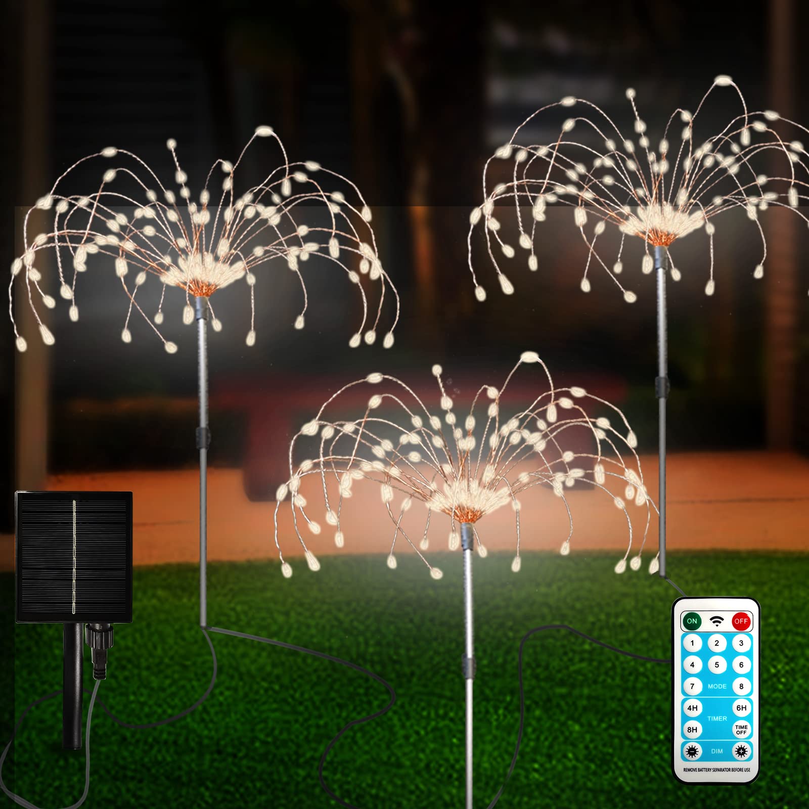 FANSIR Solar Garden Lights Outdoor 2 Set 3 Pcs Solar Fireworks Lights with Remote Control 8 Modes 120 LEDs Waterproof Outdoor Lamp Garden Lights Lawn Backyard Flower Boxes Pathway Warm White