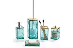 GAHEFY Teal Blue Bathroom Accessories Set, Toothbrush Holder, Soap Dispenser, Cotton Swabs Holder, Soap Dish, Toilet Brush wi