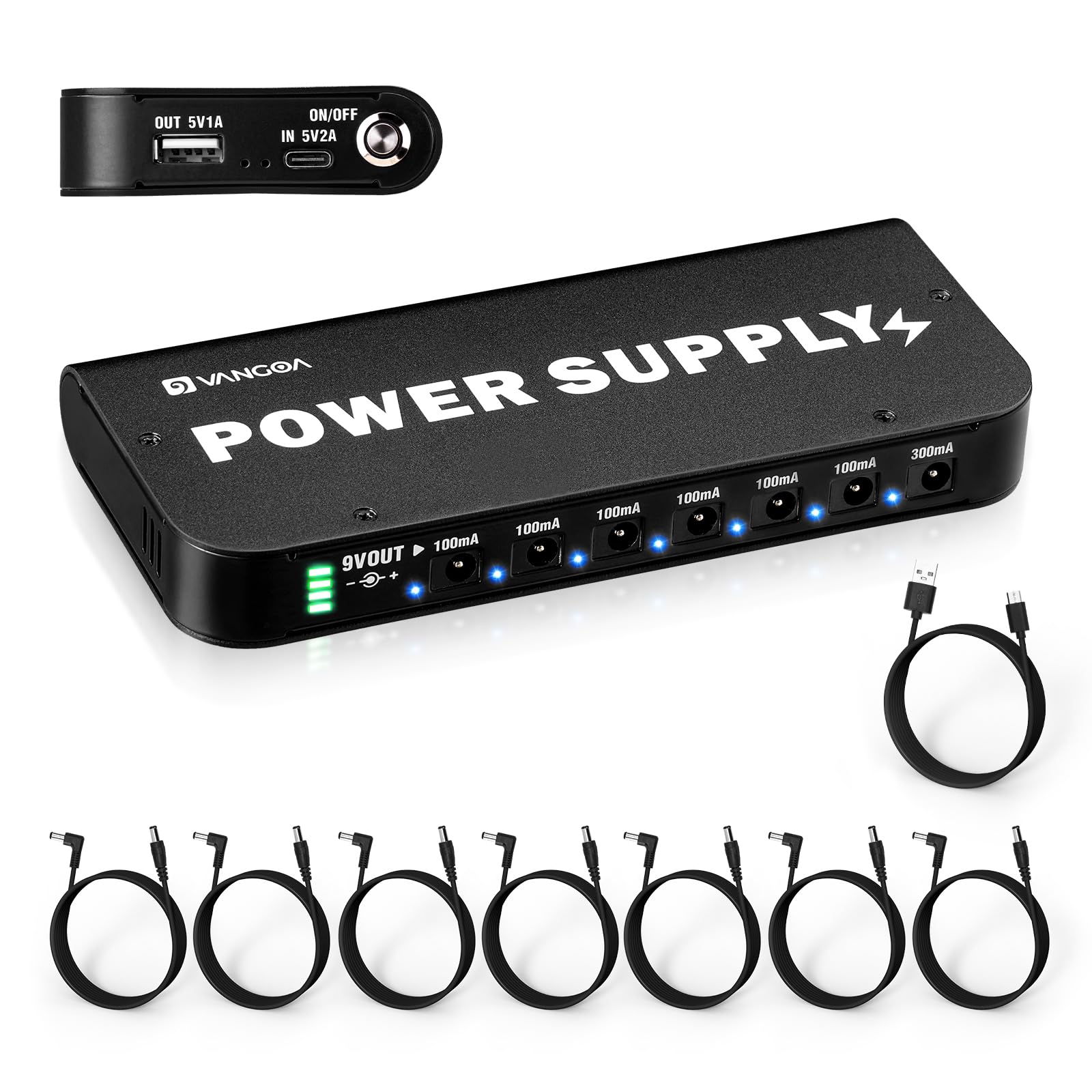 Photo 1 of Vangoa Rechargeable Guitar Pedal Power Supply Built-in 4600mAh Battery with LED Indicator 7 Outputs DC 9V (300mA, 100mA), 5V/1A USB Port, Portable Guitar Pedal Power Supply, Black, PS-01