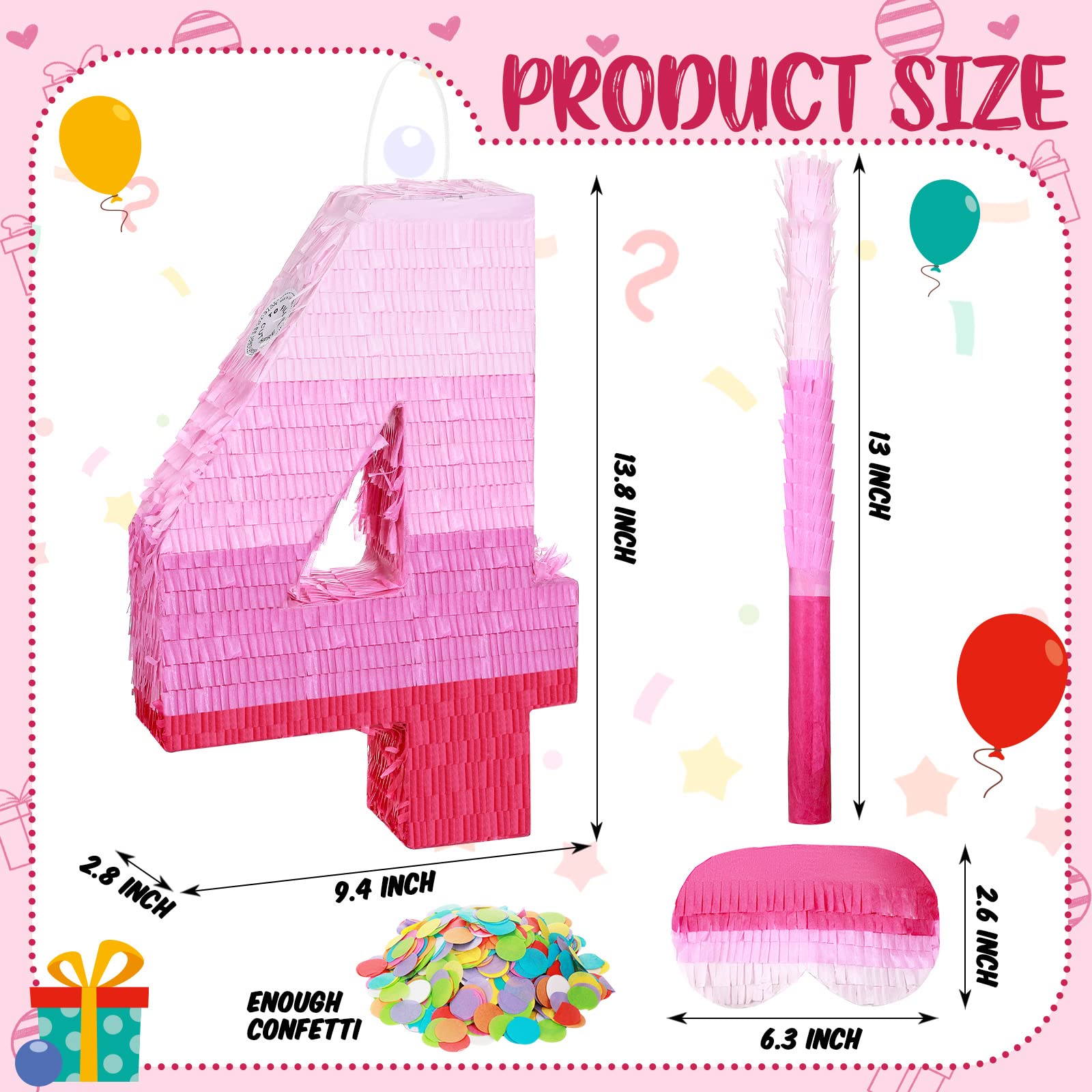 Sratte Number Piñata Pink Piñata Birthday Decorations Gradient with Stick Blindfold Confetti for Girls Boys Birthday Anniversary Party Decorations Supplies(Number 4)