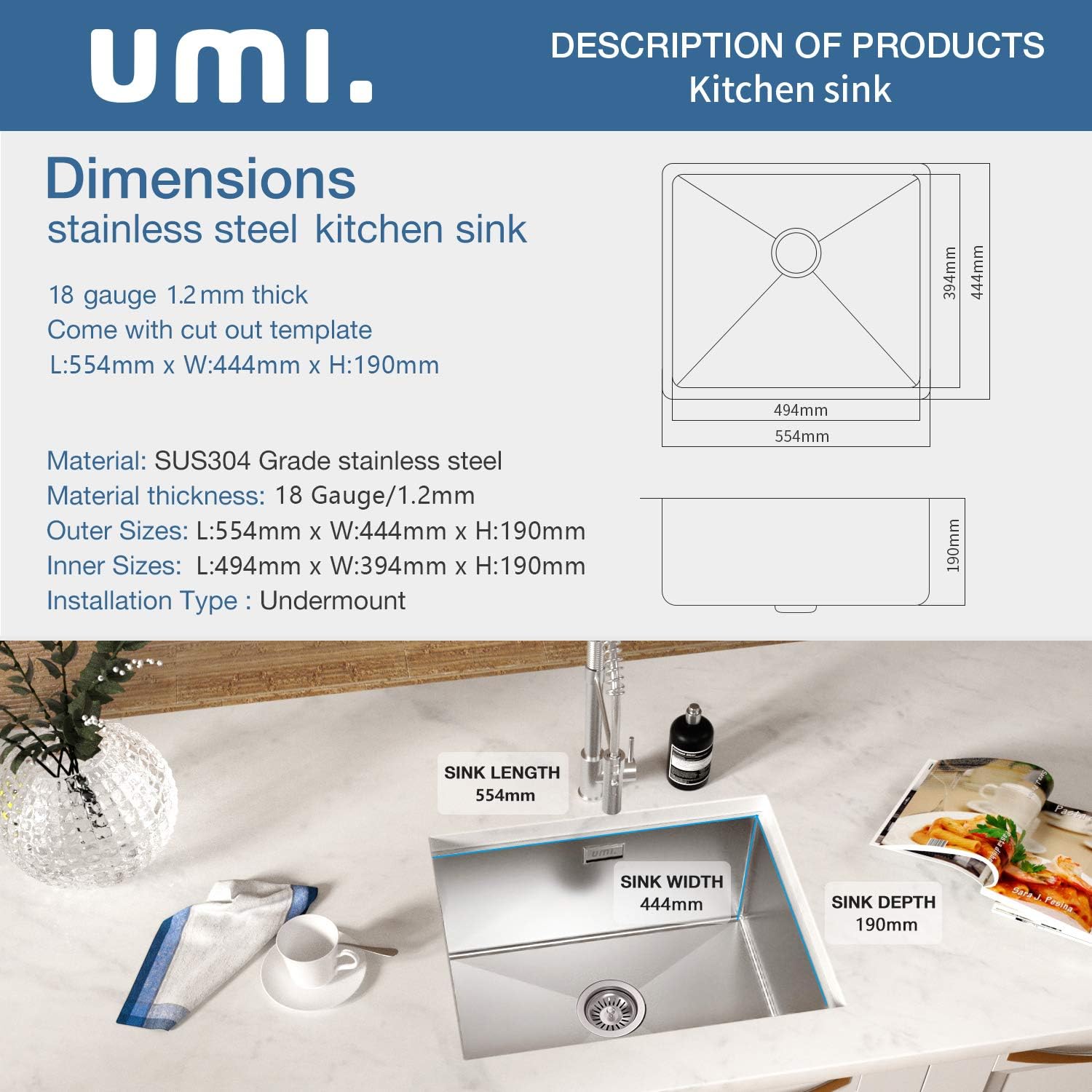 UMI 54CM*44CM Single Bowl Kitchen Sink 18 Gauge Undermount Stainless