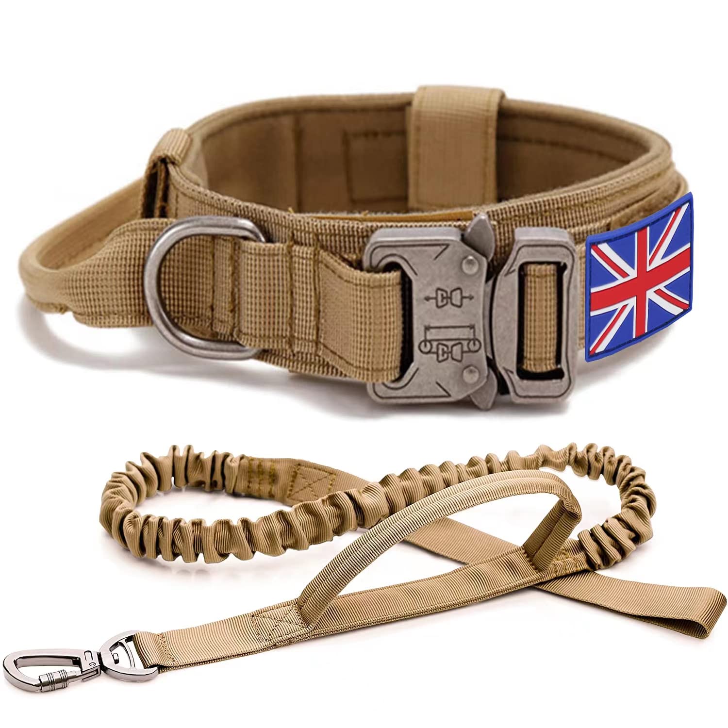 YoothBro K9 Military Dog Collar and Lead Set - Adjustable Nylon Collar with UK Flag, Heavy Duty Metal Buckle for Medium Large Dogs, Brown