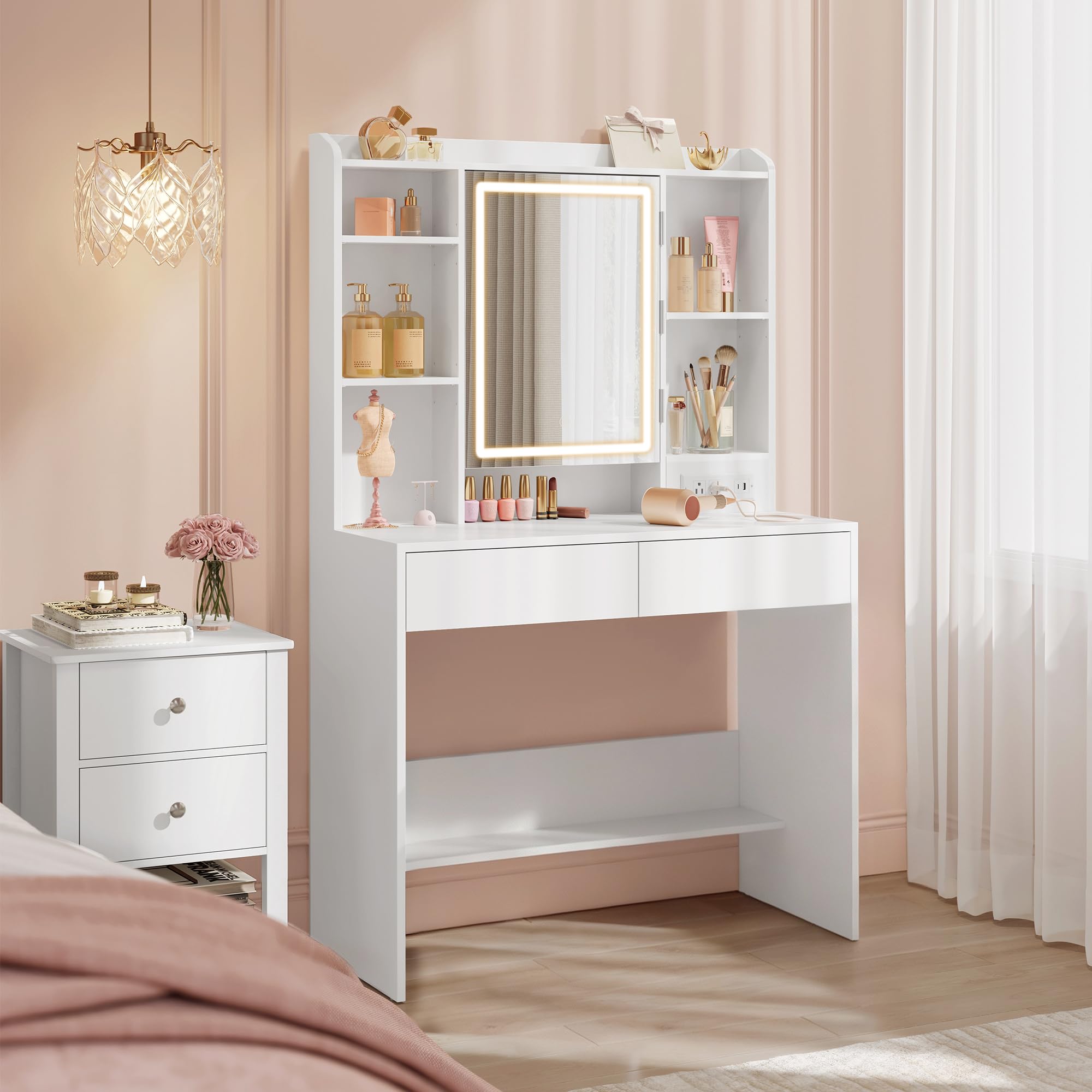 VASAGLE Kailyn Collection - Vanity Desk with Power Outlets, Makeup Vanity with Mirror and Lights, LED Lights, 6 Compartments, 2 Drawers, for Bedroom, Cloud White URDT031WB02S Image