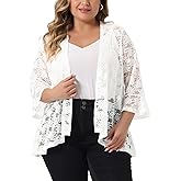 Agnes Orinda Plus Size Lace Cardigans for Women Open Front 3/4 Bell Sleeve Sheer Lace Crochet Formal Bolero Shrugs