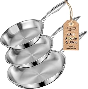 Terlulu Dreilagige Edelstahl-Bratpfannen-Set 20/26/30 cm – Edelstahlpfanne unbeschichtet & Induktionspfanne, PTFE/PFAS/PFOA-frei, Für Alle Herdarten, Schnellwärmend, Backofenfest & Spülmaschinenfest