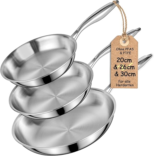 Terlulu Dreilagige Edelstahl-Bratpfannen-Set 20/26/30 cm – Edelstahlpfanne unbeschichtet & Induktionspfanne, PTFE/PFAS/PFOA-frei, Für Alle Herdarten, Schnellwärmend, Backofenfest & Spülmaschinenfest
