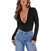 REORIA Women's Trendy Sexy Plunge Deep V Neck Long Sleeve Bodysuit Double Lined Going Out T Shirt Tops