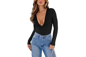 REORIA Women's Trendy Sexy Plunge Deep V Neck Long Sleeve Bodysuit Double Lined Going Out T Shirt Tops