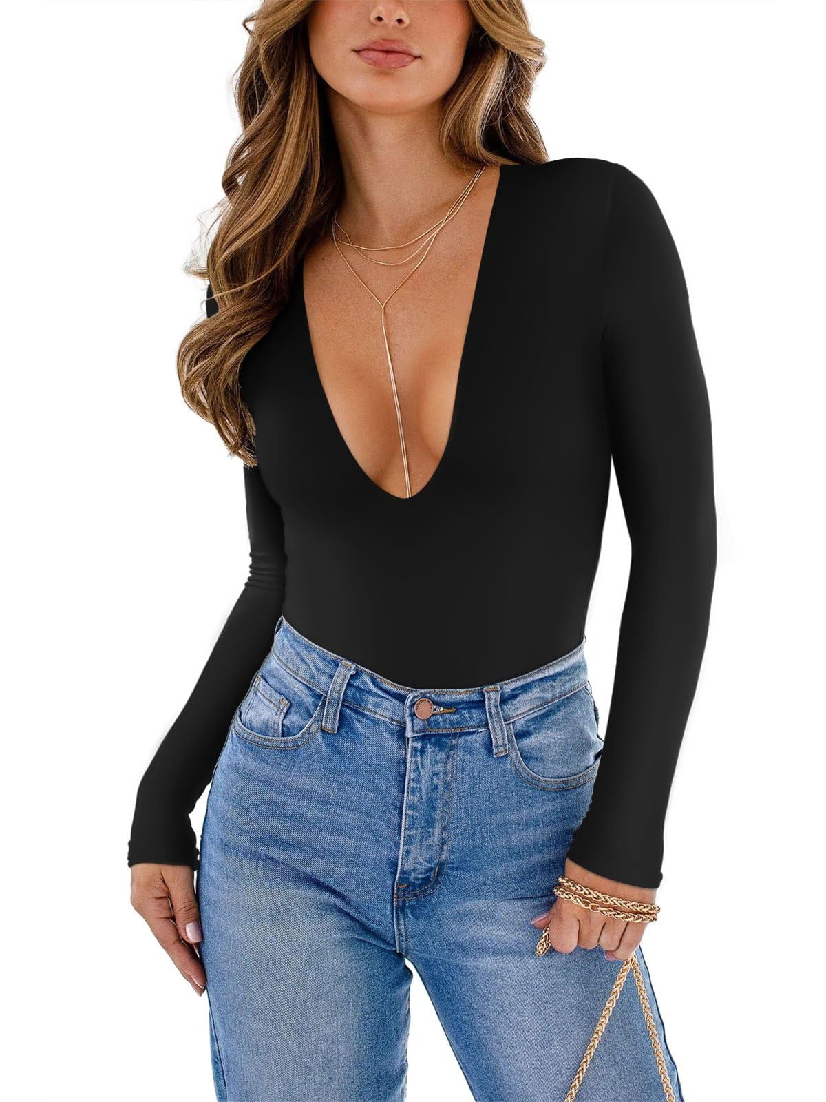 Photo 1 of REORIA Women's Sexy Deep V Neck Long Sleeve One Piece Bodysuit Top Fall Slimming Double Lined Going Out T Shirt Black Medium