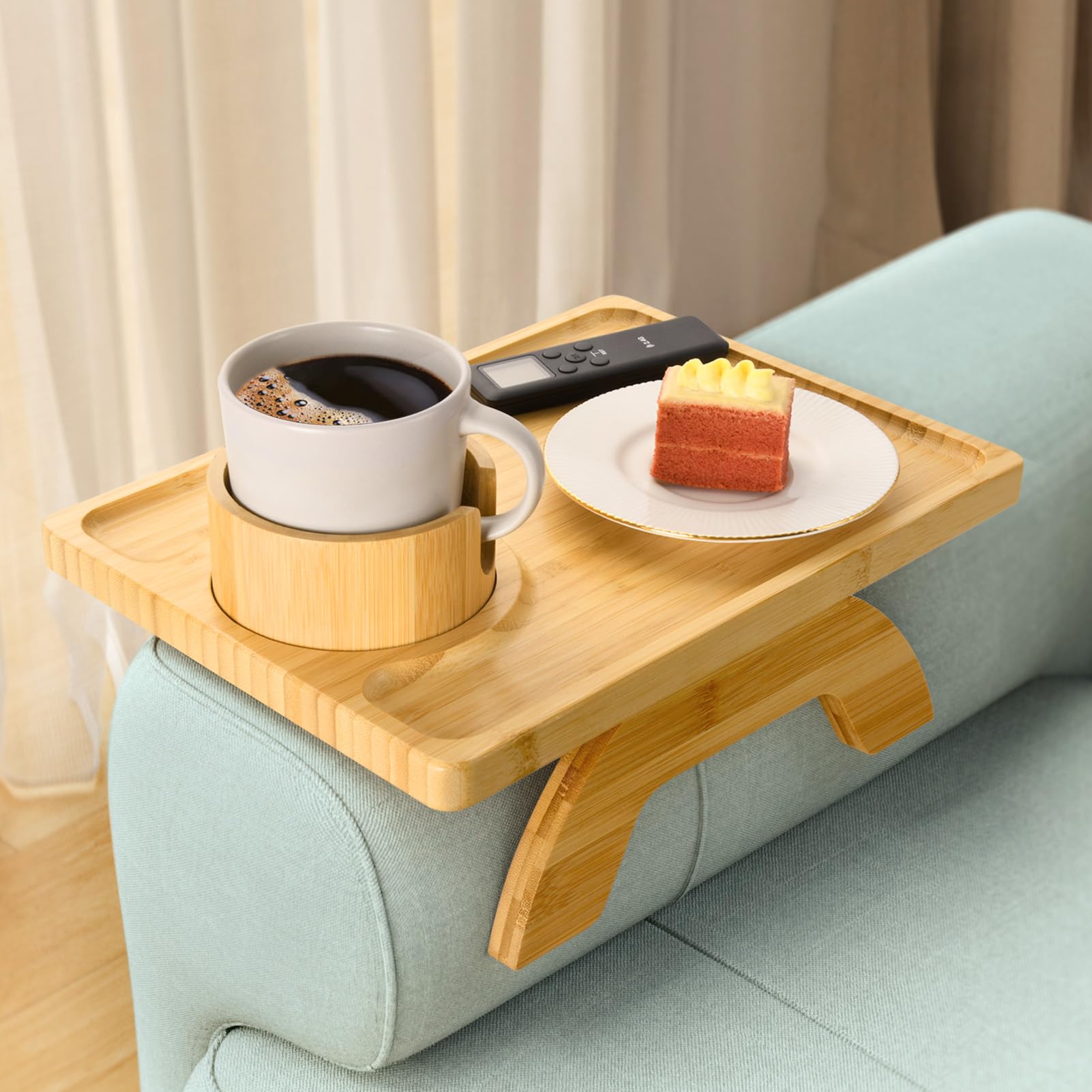 Photo 1 of FANGSUN Couch Arm Tray with Cup Holder, Wooden Rectangular Armrest Table, Natural Country Rustic, Secure Non-Slip, Foldable for Small Spaces, Drinks, Snacks, Remote, Gift