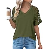 Dokotoo Women's V Neck Lace Short Sleeve Tops Casual Raglan T Shirts Summer Tunic Blouses