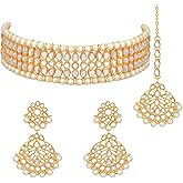 Aheli Indian Wedding Beaded Faux Kundan Pearl Necklace Set with Earrings Maang Tikka Ethnic Bharatanatyam jewellery setGift for Women