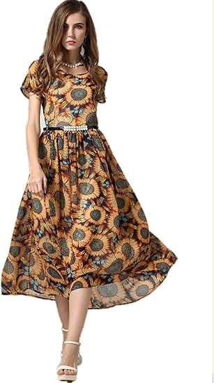 Amazon 春夏 シフォンワンピース 花柄プリント トロピカルリゾート ひまわり柄 フレアスカート ラウンドネック ウエストゴム 半袖 カジュアル エレガント クマのぬいぐるみ付き K 3377 ワンピース チュニック 通販