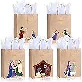 Talltalk 30 Pcs Christmas Nativity Gift Bags Bulk 10.24 x 8.66 Inch Religious Christian Treat Goodies Paper Bags with White Tissue Paper for Xmas Holiday Party Favor