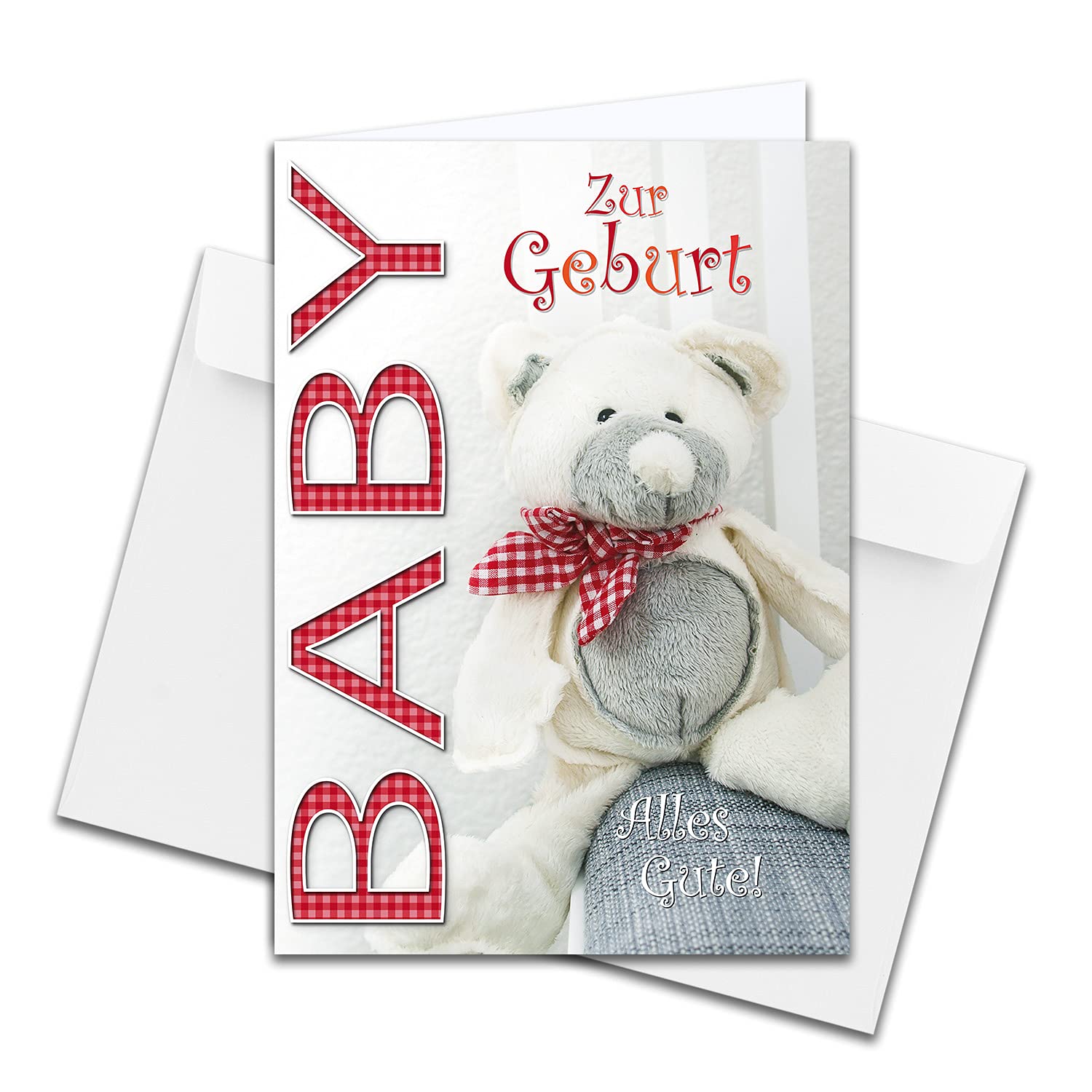 1 piece - XXL baby congratulations card for birth DIN A4 - large baby card - set with large envelope DIN C4 - teddy bear with scarf - unisex, for boys and girls