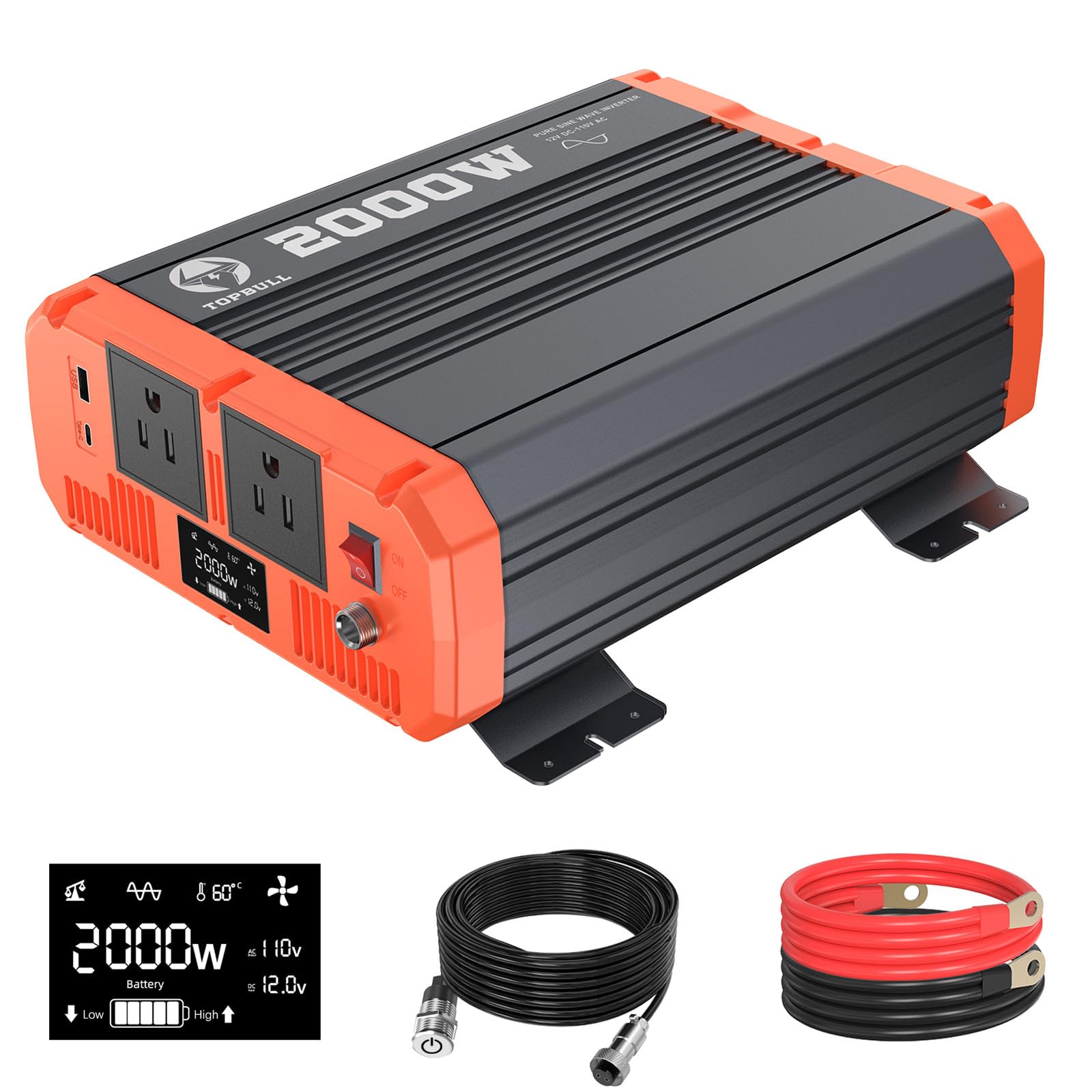 View 1 of TOPBULL 2000 Watt Pure Sine Wave Power Inverter 12V DC to 110V AC Converter for Vehicle/Home/RV/Truck Off-Grid Solar Power Inverter with USB, Type-C Port Dual AC Outlets & LCD Display Remote Control