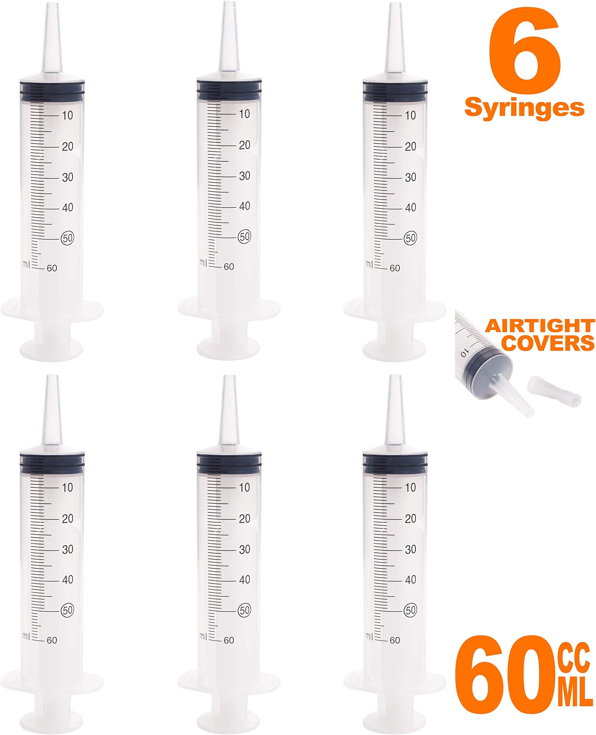 50ml - 60ml Catheter Tip Syringe with Airtight Covers - Value Pack of 6 Large Disposable Sterile Syringes Without Needle by MKsupplies
