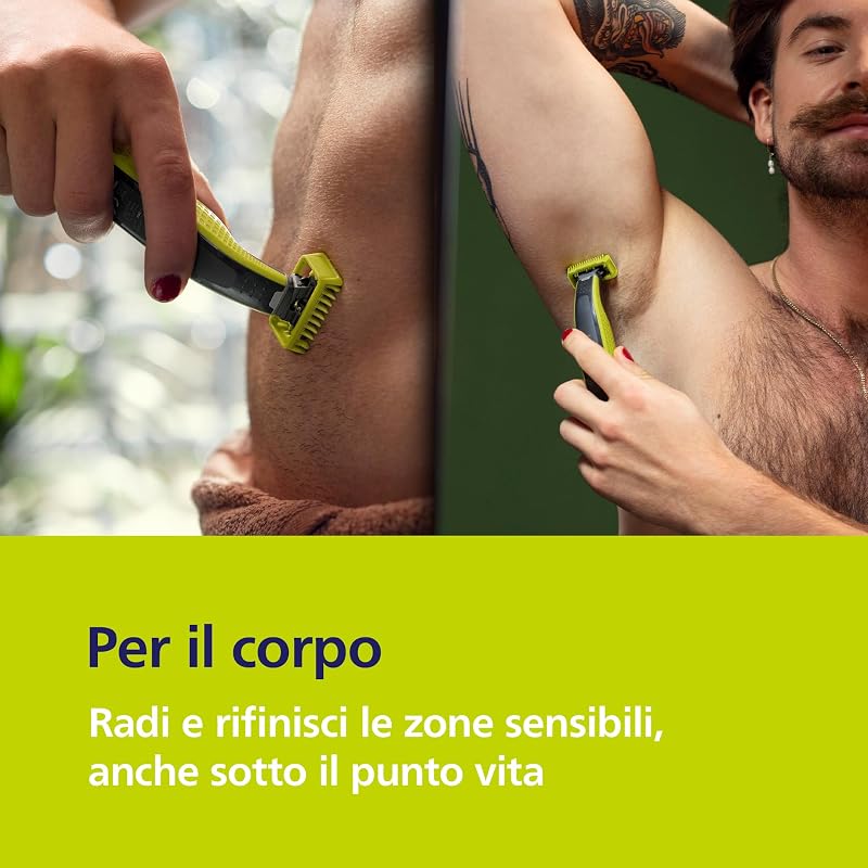 OneBlade QP2834/31 - Regolabarba elettrico 360 autentico, per viso e corpo, 3 lame da 360, 4 pettini per barba (1, 2, 3, 5 mm), 1 kit per il corpo