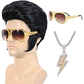 Bettecos 4pcs Set 50s Rock Wig with Sunglasses and Necklace for Men Singer Rocker Costume Wigs for Cosplay Halloween Party (Adults)