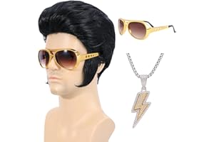Bettecos 4pcs Set 50s Rock Wig with Sunglasses and Necklace for Men Singer Rocker Costume Wigs for Cosplay Halloween Party (Adults)