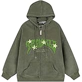 OATSBAS Y2K Zip Up Hoodie for Women Men Letter Print Star Graphic Grunge Hooded Corduroy Sweatshirt Jacket