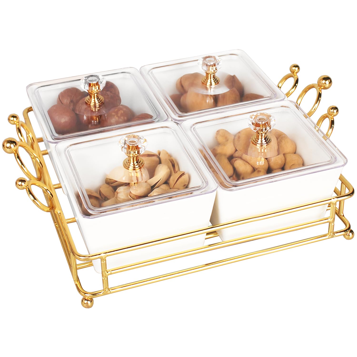 jinsongdafa Ceramic Serving Bowls with lid Metal Dishes, 4 Removable Small Bowls Relish Tray Nuts Dishes for Snack, Fruits, Sugar, Candies - for Parties, Party Gift