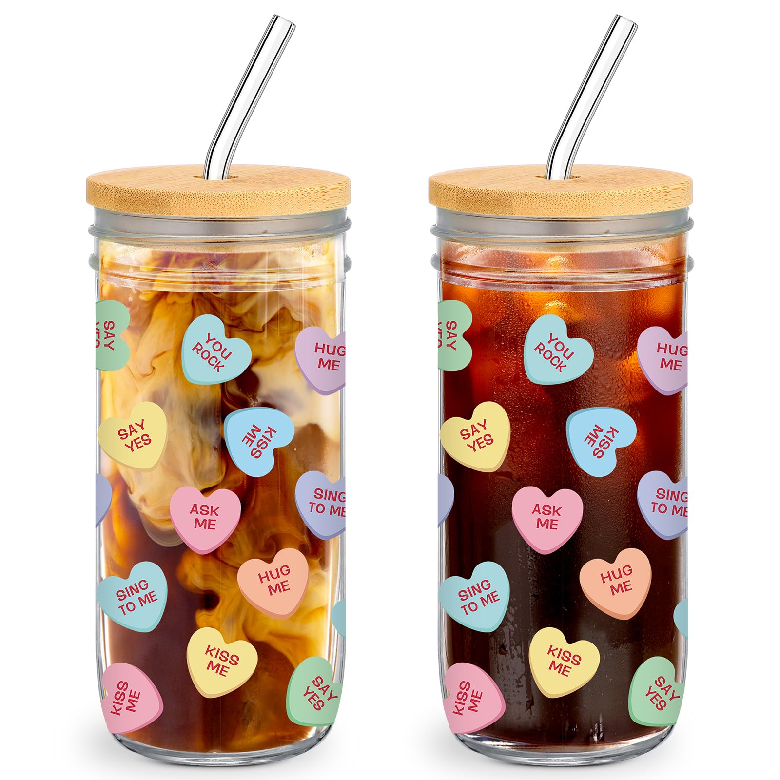 Photo 1 of **ONLY ONE CUP W/STRAW AND STIRER/NO LID***Skylety 2 Set 24 oz Candy Conversation Valentines Day Cups Gifts Iced Coffee Cups with Bamboo Lids and Glass Straw Sweet Heart Mug Mason Jar Cup Can Shaped Glass Teacher Valentine Gifts