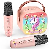 Unicorn Karaoke Microphone Machine Toys: Colorful LED Portable Bluetooth Speaker with 2 Wireless Mics Toys for 4 5 6 7 8 9 Years Old Girls Kids Christmas Birthday Gifts Stocking Stuffers for Grandkids