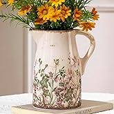Vintage Pink and Green Floral Pitcher Vase with Handle, Ceramic Farmhouse Flower Vase French Country Decor, Rustic Table Cent