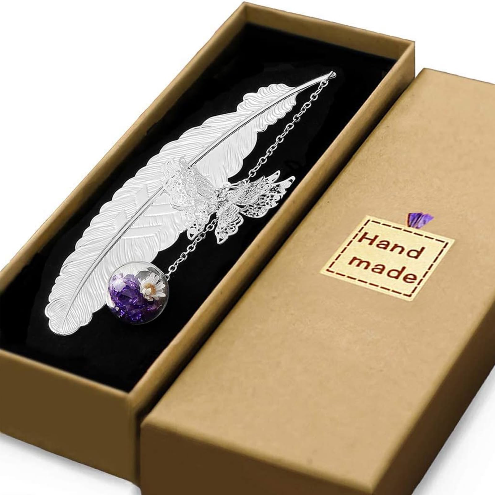 FENGCHUANG Metal Bookmark with Gift Box Silver Feather 3D Butterfly Glass Beads Eternal Dry Flower Pendant for Women, Teachers, and Book Lovers - Unique Page Marker