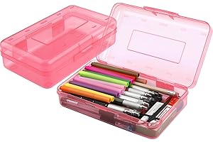 BOEIAC Pencil Box, Large Capacity Clear Pencil Case, 1 Pack Hard Pencil Case, Clear Crayon Box with Snap-tight Lid Stackable Design, Plastic Storage Box for Office Supplies, Pink