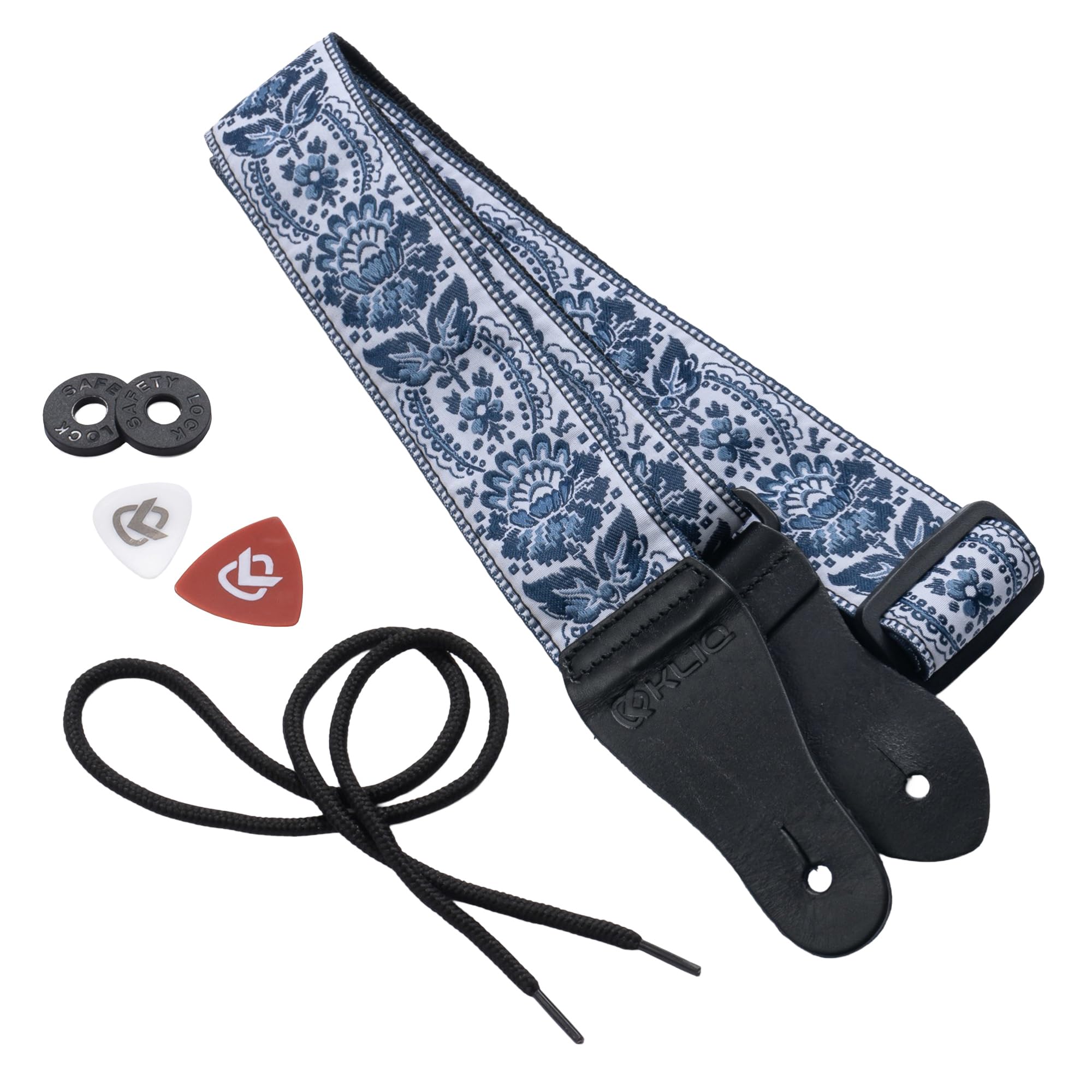 KLIQ Vintage Woven Guitar Strap for Acoustic & Electric Guitars + 2 Rubber Strap Locks, 2 Guitar Picks & 1 Lace | '60s Jacquard Weave Hootenanny Style | Blue & White Sunburst Flower