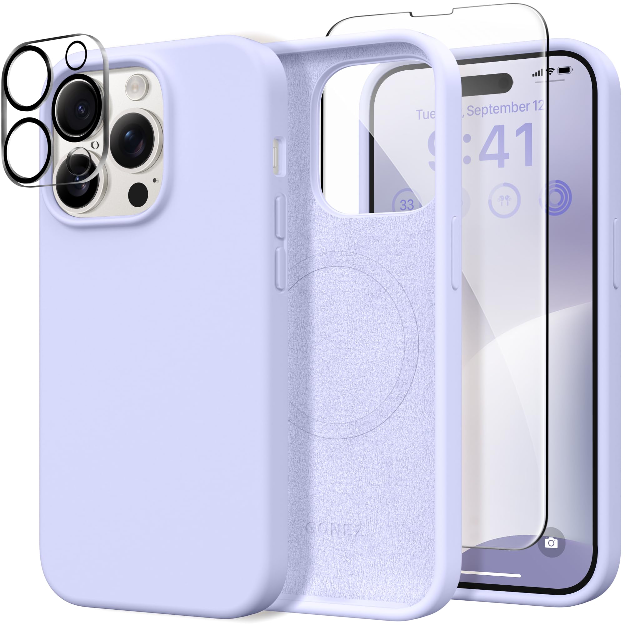 Photo 1 of GONEZ for iPhone 14 Pro Max Case Silicone, Compatible with MagSafe, with Screen Protector + Camera Lens Protector, Liquid Silicone Shockproof Protective Phone 14 ProMax Case 6.7", Lilac