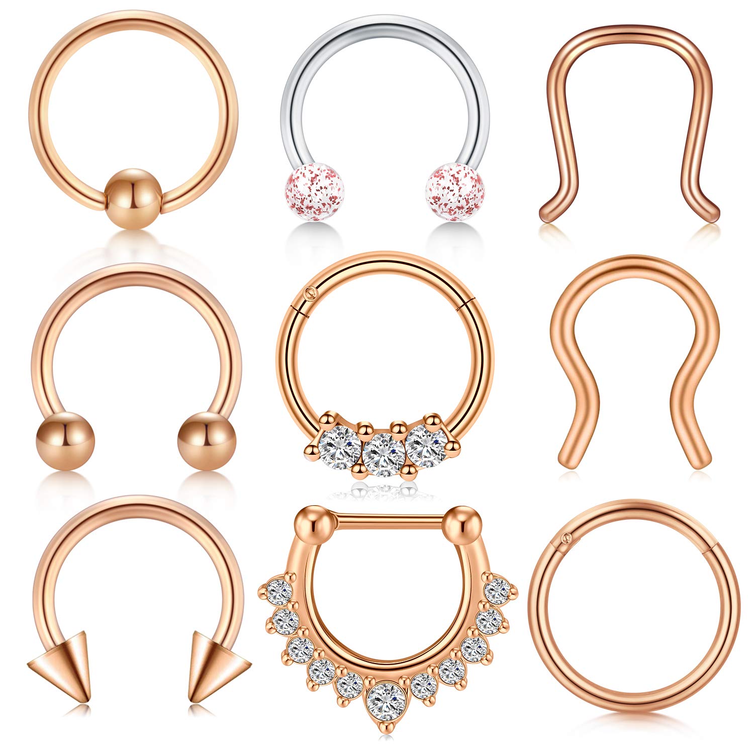 LAURITAMI Septum Clicker Rings Surgical Steel 8mm 16G Hinged Segment Horseshoe Seamless CZ Diamond Helix Earrings Hoop Piercing Jewellery