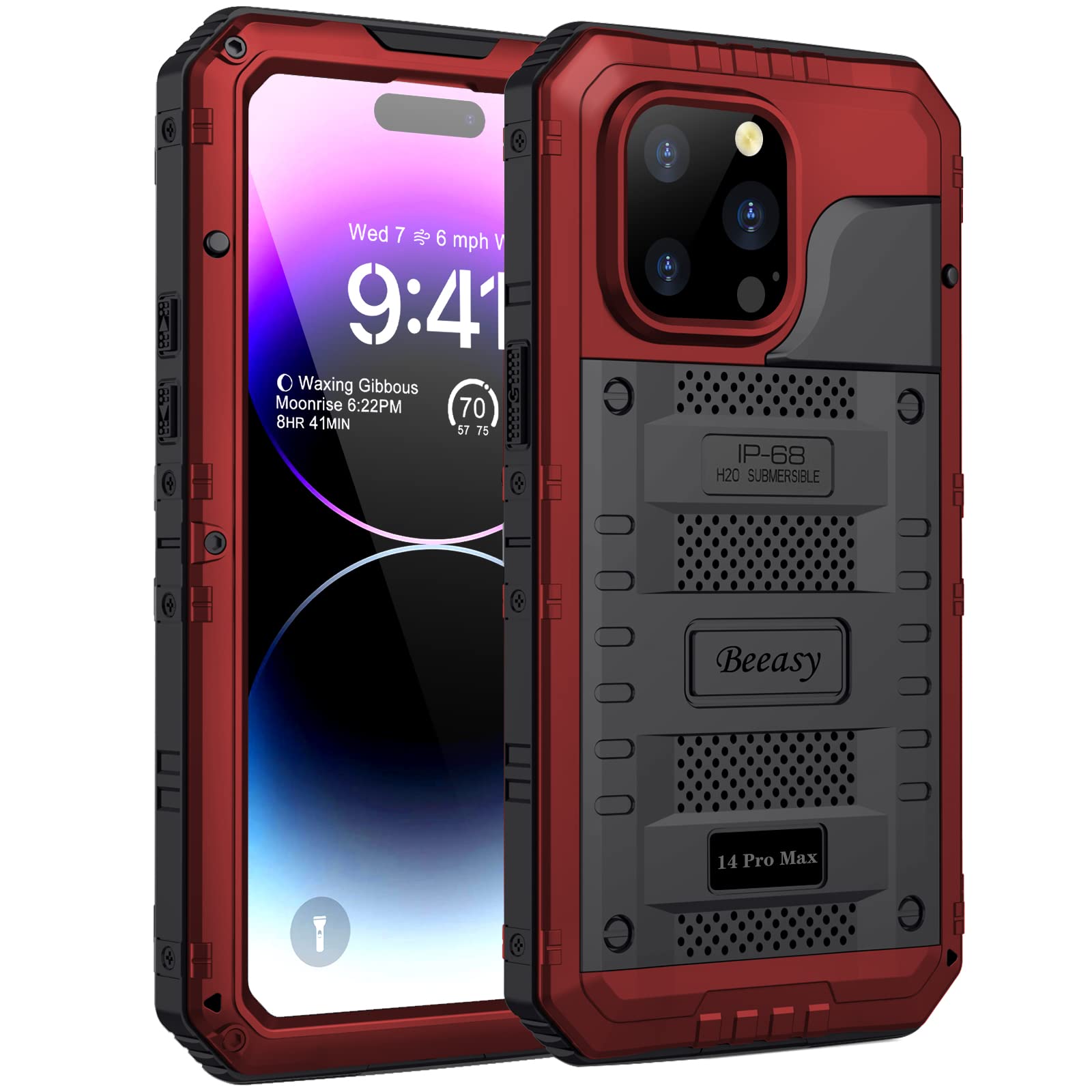 Beeasy for iPhone 14 Pro Max Case Waterproof Heavy Duty Shockproof Tough Metal Armour Cover Dustproof Built-in Screen Protector, 360 Full Body Military Protective Rugged Case for 14 Pro Max Red