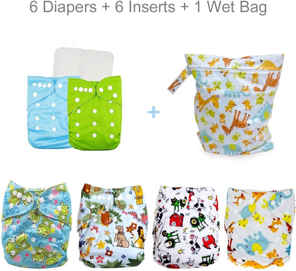 Baby Cloth Pocket Diapers – Reusable , Washable and Adjustable for Baby Girls and Boys , 6 pcs + 6 Bamboo Inserts + 1 Wet Bag
