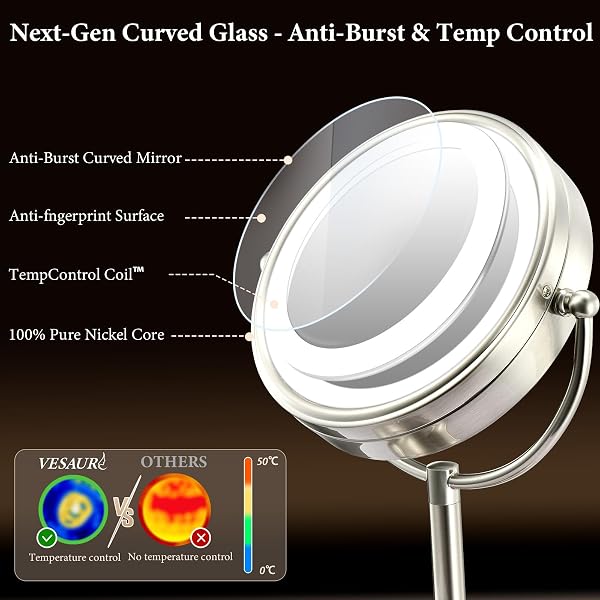 PROFESSIONAL 8.5″ LARGE LIGHTED MAKEUP MIRROR WITH BRIGHTER LIGHTS, 1X/10X TRUE HD MAGNIFYING MIRROR WITH 3 COLOR DIMMABLE LIGHTS, 90 SHADOWLESS LEDS, 360°SWIVEL SEAMLESS VANITY MIRROR, PEARL NICKEL