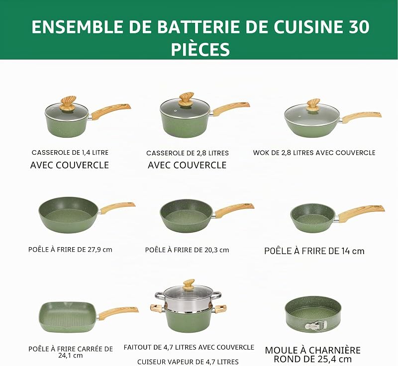 30 Pièces Casseroles et Poêles à Induction Vert