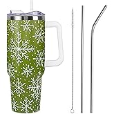 Christmas Tumbler with Handle and Straw Lid 40 oz,5D Cute Christmas Gifts for Women Green Snowflakes Vacuum Insulated Leak Proof Tumbler,Winter Holiday Accessories Stainless Steel Coffee Cup Mug