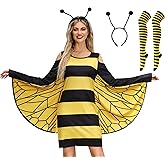 Maisolly Women's Bee Theme Halloween Outfit Set Striped Long Sleeve Dress with Headband for Group Costume Party XL