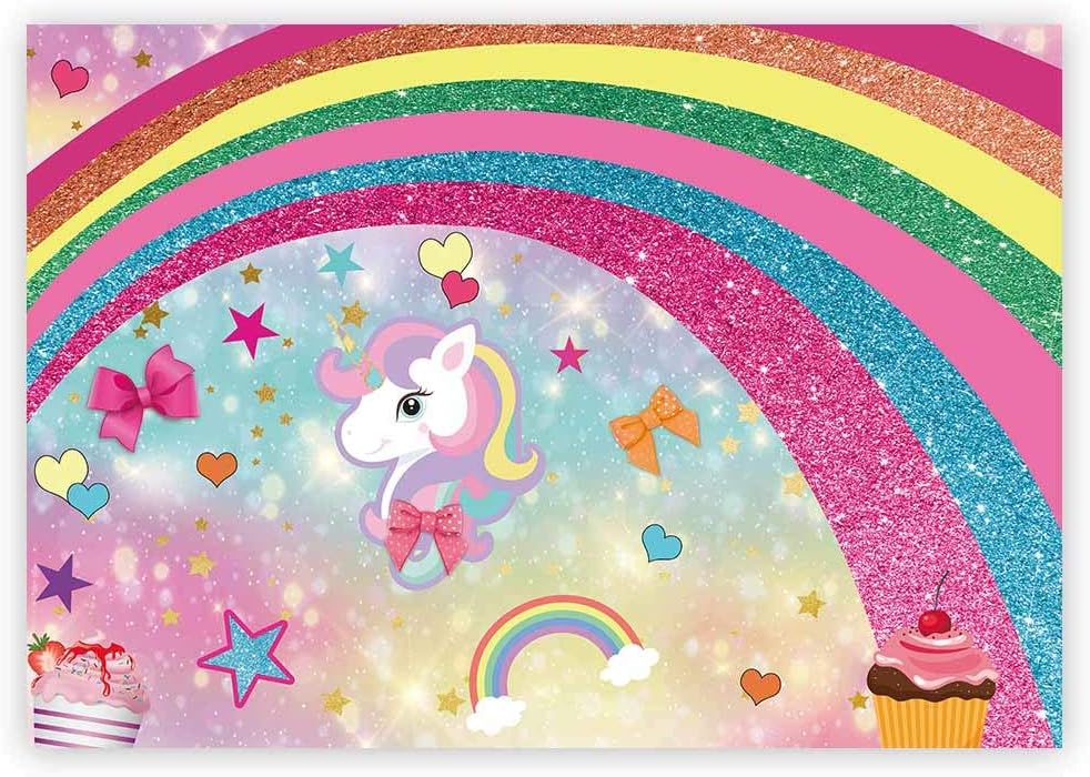 Funnytree 7x5ft Magic Unicorn Theme Party Backdrop Rainbow Bokeh Glitter Princess Girl Baby Shower Birthday Photography Background Cartoon Little Star Bowknot Cake Table Decoration Banner Photo Booth