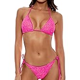 Women's Shiny Triangle Bikini Set Sequin Halter String Backless Tie Side Two Piece Swimsuit Bathing Suit