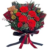 HUACHIPLUS Preserved Bouquet with Bear: Big Flowers Big Love-Romantic Gifts for Her Wife Girlfriend Mom-Flowers for Delivery Prime on Christmas Valentines Day Anniversary Mothers Day Birthday (Red1)