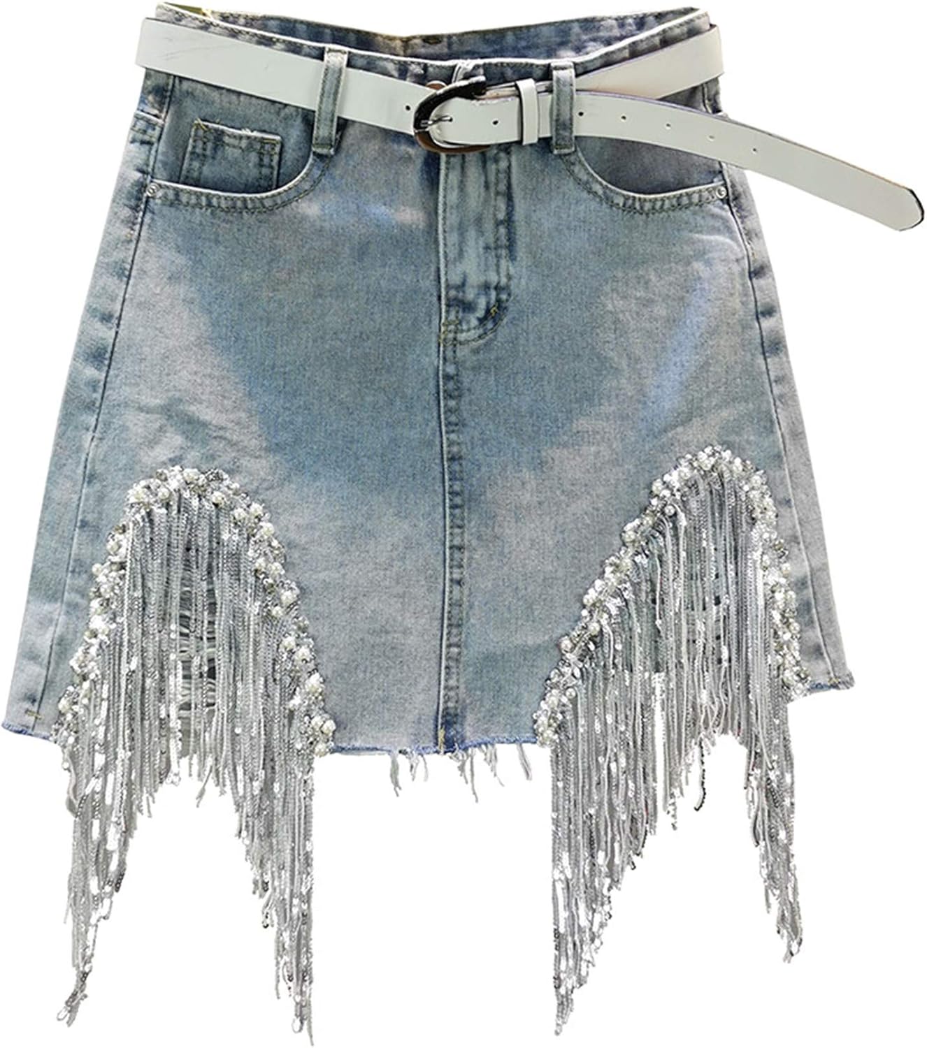 Denim Skirts for Women Summer Studded Beaded Sequin Fringed